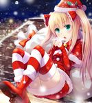  aqua_eyes bag bell blonde_hair boots bow chestnut_mouth christmas full_moon hair_ribbon hands_clasped hat interlocked_fingers long_hair long_sleeves moon night noe_noel open_mouth original own_hands_together red_footwear ribbon rooftop santa_costume santa_hat shirt sitting skirt snowing solo striped striped_legwear thighhighs town twintails very_long_hair zettai_ryouiki 