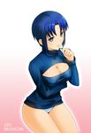  axia-chan blue_eyes blue_hair breasts ciel cleavage cleavage_cutout covered_nipples glasses highres large_breasts melty_blood meme_attire no_pants open-chest_sweater ribbed_sweater short_hair solo sweater tsukihime turtleneck 