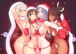  asuka_(senran_kagura) bikini black_hair blue_eyes blush breasts brown_eyes brown_hair cleavage hat homura_(senran_kagura) large_breasts long_hair looking_at_viewer miyabi_(senran_kagura) multiple_girls navel one_eye_closed open_mouth ponytail santa_hat senran_kagura senran_kagura_shinovi_versus short_hair smile swimsuit tan white_hair yellow_eyes yumi_(senran_kagura) yuuji_(and) 