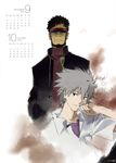  absurdres beard facial_hair glasses highres honda_takeshi ikari_gendou jacket male_focus multiple_boys nagisa_kaworu neon_genesis_evangelion shirt short_hair simple_background visor 