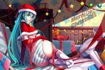  aqua_eyes aqua_hair ass bed breasts christmas decorations elbow_gloves from_behind gift gloves hat hatsune_miku highres long_hair looking_at_viewer medium_breasts merry_christmas nian panties red_gloves ribbon santa_costume santa_hat smile solo star striped striped_panties twintails underboob underwear vocaloid white_legwear 