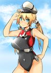  anchor_hair_ornament aqua_eyes blonde_hair breasts hair_ornament hat highres kantai_collection large_breasts long_hair looking_at_viewer low_twintails norman_maggot one-piece_swimsuit prinz_eugen_(kantai_collection) smile solo swimsuit twintails 