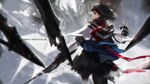  black_eyes black_hair copyright_name fingerless_gloves gloves highres looking_at_viewer looking_back pixiv_fantasia pixiv_fantasia_fallen_kings scarf short_hair smile solo swd3e2 wind 