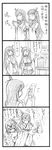  4koma :d alternate_hair_length alternate_hairstyle bbb_(friskuser) closed_eyes comic detached_sleeves fire fusou_(kantai_collection) greyscale hair_ornament highres kantai_collection long_hair md5_mismatch monochrome multiple_girls nontraditional_miko omikuji open_mouth pleated_skirt praying short_hair skirt smile translated yamashiro_(kantai_collection) 