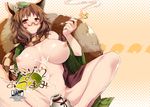 animal_ears blush breasts brown_eyes brown_hair checkered checkered_scarf cover cum cum_on_body cum_on_breasts cum_on_lower_body cum_on_upper_body futatsuiwa_mamizou glasses huge_breasts navel nipples open_clothes ouma_tokiichi pince-nez pipe raccoon_ears raccoon_tail scarf short_hair smile smoke solo tail touhou 