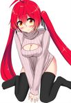  antenna_hair black_legwear blush breasts cleavage cleavage_cutout genderswap genderswap_(mtf) long_hair medium_breasts meme_attire open-chest_sweater ore_twintail_ni_narimasu red_hair ribbed_sweater simple_background sitting solar_metca solo sweater tendon0922 thighhighs turtleneck twintails very_long_hair wariza white_background yellow_eyes 