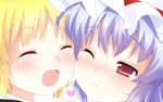  aa-rance bad_id bad_pixiv_id blonde_hair blush cheek-to-cheek close-up closed_eyes hat lavender_hair mob_cap multiple_girls one_eye_closed red_eyes remilia_scarlet rumia short_hair smile touhou wavy_mouth 