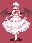  bat_wings dra dress full_body lavender_hair looking_at_viewer red_background red_eyes remilia_scarlet short_hair simple_background skirt_hold smile solo touhou wings 
