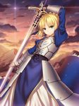  ahoge armor armored_dress artoria_pendragon_(all) bad_id bad_pixiv_id blonde_hair caliburn dress fate/stay_night fate/zero fate_(series) gauntlets green_eyes hair_ribbon highres ribbon saber solo sword weapon yezhi_na 