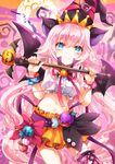  animal_ears bat_wings black_bow black_ribbon blue_eyes boots bow bracelet candy cat_ears crescent_moon crown food frilled_skirt frills hat holding jack-o'-lantern jewelry long_hair looking_at_viewer momoiro_taisen_pairon moon navel official_art original pink_hair pink_ribbon purple_ribbon ribbon scepter single_thighhigh skirt smile solo sparkle thigh_boots thighhighs very_long_hair wand wings witch_hat yamadori_ofuu 