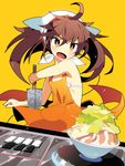  :d apron beatmania beatmania_iidx bowl bra brown_eyes brown_hair food long_hair looking_at_viewer mzh nearly_naked_apron noodles open_mouth phonograph ramen smile solo sound_voltex strainer turntable twintails underwear white_bra yamashina_kanade 