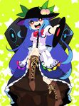  :d blue_hair hat hinanawi_tenshi holding long_hair looking_at_viewer mzh open_mouth record red_eyes sitting smile solo touhou 