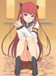  1girl anus arca_(summon_night) blush boots censored feet hair_ribbon highres hou_(hachiyou) legs long_hair looking_at_viewer no_panties pointless_censoring purple_eyes pussy red_hair ribbon sitting skirt smile solo summon_night summon_night_5 thighs 