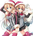  bismarck_(kantai_collection) blonde_hair hat hirai_yuzuki holding_hands kantai_collection long_hair military military_uniform multiple_girls open_mouth prinz_eugen_(kantai_collection) santa_hat thighhighs twintails uniform 