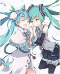  aqua_eyes aqua_hair capelet closed_eyes dual_persona face-to-face hair_ribbon hairband hatsune_miku highres interlocked_fingers leg_up long_hair multiple_girls one_eye_closed ribbon skirt smile tomato_(lsj44867) twintails vocaloid winter_clothes 