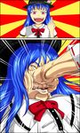  blue_hair bow clenched_hand colored_eyelashes face_punch food fruit hakurei_reimu hat hidaruma hinanawi_tenshi in_the_face long_hair man_face middle_finger multiple_girls open_mouth out_of_frame peach punching red_eyes ribbon-trimmed_sleeves ribbon_trim short_sleeves smile sunburst teeth touhou 