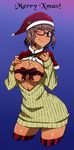  ;) bow breasts brown_eyes brown_hair capelet christmas cleavage clothes_pull cowboy_shot dark_skin glasses hat highres kamezaemon kasshoku_kyonyuu_megane-san_(kamezaemon) large_breasts merry_christmas one_eye_closed open_clothes original ribbed_sweater ribbon santa_hat smile solo striped striped_legwear sweater sweater_pull 