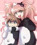  1girl animal_costume bear_costume blue_eyes blush brown_hair cosplay danganronpa danganronpa_1 enoshima_junko green_eyes hanjuku_tomato long_hair monokuma monokuma_(cosplay) naegi_makoto pink_hair smile spoilers twintails v 