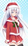  black_legwear blue_eyes blush capelet cowboy_shot halftone halftone_background hand_on_own_chest haryuu_(poetto) hat hibiki_(kantai_collection) highres kantai_collection long_hair looking_at_viewer red_capelet santa_costume santa_hat silver_hair skirt solo thighhighs very_long_hair 