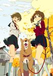  brown_hair camera chikaoka_sunao dog highres leash multiple_girls original school_uniform short_hair skirt 