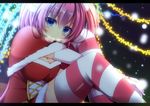  bloodcatblack blue_eyes blurry blush breasts breath christmas cleavage depth_of_field fur_trim highres large_breasts leg_hug letterboxed long_hair looking_at_viewer night original santa_costume sitting snow solo striped striped_legwear 