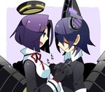  :d black_gloves breast_grab eyepatch gloves grabbing kantai_collection machinery multiple_girls mzh open_mouth purple_eyes purple_hair school_uniform short_hair smile tatsuta_(kantai_collection) tenryuu_(kantai_collection) 