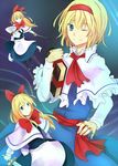  alice_margatroid ascot blonde_hair blue_dress blue_eyes book capelet dress grimoire grimoire_of_alice hairband holding holding_book klent one_eye_closed sash shanghai_doll short_hair smile sword touhou weapon 