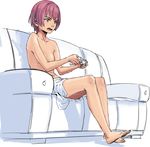  bad_id bad_pixiv_id barefoot boku_girl breasts controller couch eriance feet full_body game_controller genderswap genderswap_(mtf) looking_away nipples nude open_mouth pink_hair playing_games purple_eyes red_eyes red_hair short_hair sitting small_breasts solo suzushiro_mizuki towel towel_on_legs white_background white_towel 