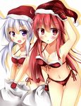  :o bikini blush breasts christmas gloves hat hata_no_kokoro kuzumomo long_hair medium_breasts mononobe_no_futo multiple_girls open_mouth pink_hair plaid plaid_bikini purple_eyes red_bikini red_eyes red_gloves santa_hat side-tie_bikini silver_hair swimsuit touhou 