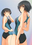  amagami arms_behind_back ass back_cutout bare_shoulders black_hair breasts brown_eyes competition_swimsuit cowboy_shot from_behind holding_arm kishida-shiki medium_breasts multiple_girls nanasaki_ai one-piece_swimsuit short_hair short_ponytail smile swimsuit tsukahara_hibiki 