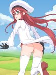  1girl anus ass aty_(summon_night) blue_eyes blush boots censored cloud clouds from_behind glasses gloves hat highres hou_(hachiyou) labcoat legs long_hair looking_back no_panties open_mouth pussy red_hair sky solo standing summon_night summon_night_3 thigh_boots thighhighs thighs 