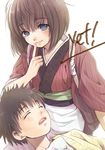  1boy 1girl apron arm_at_side blue_eyes bob_cut brown_hair closed_eyes eyebrows_visible_through_hair finger_to_mouth index_finger_raised japanese_clothes kimono lap_pillow long_sleeves looking_at_viewer myoujin_yahiko natsu_mikan_(level9) red_kimono rurouni_kenshin sanjou_tsubame short_hair shushing signature simple_background sleeping smile tasuki white_background wide_sleeves 