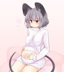  animal_ears blush dra grey_hair hand_on_own_stomach heart mouse_ears mouse_tail navel nazrin pregnant red_eyes ribbed_sweater short_hair sitting smile solo sweater tail touhou turtleneck 