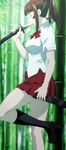  1girl breasts brown_hair eyes_closed ikkitousen katana long_hair miniskirt red_skirt short_skirt skirt smile socks solo standing stitched sword weapon yagyu_mitsuyoshi 