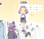  2girls admiral_(kantai_collection) closed_eyes engiyoshi failure_penguin gameplay_mechanics hair_intakes kantai_collection miss_cloud multiple_girls open_mouth purple_hair school_uniform short_hair smile sweat tatsuta_(kantai_collection) tenryuu_(kantai_collection) translated 