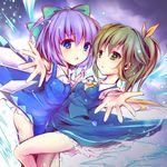  album_cover ascot blue_dress blue_eyes blue_hair bow cirno cover daiyousei dress enjoy_mix fairy_wings green_eyes green_hair hair_bow hair_ribbon ice ice_wings multiple_girls outstretched_arm outstretched_hand ribbon shirt side_ponytail skirt skirt_set touhou vest wings 