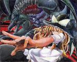  apron b._skull_dragon between_fingers black_hat blonde_hair bow card crossover dragon duel_monster fingernails foreshortening fusion hands harikona hat hat_bow kirisame_marisa long_hair oil_painting_(medium) puffy_short_sleeves puffy_sleeves red-eyes_b._dragon short_sleeves summoned_skull touhou waist_apron witch_hat yuu-gi-ou yuu-gi-ou_duel_monsters 