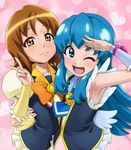  ;d armpits blue_eyes blue_hair bow bowtie brooch brown_eyes brown_hair cure_honey cure_princess happinesscharge_precure! heart heart_background jewelry long_hair magical_girl multiple_girls necktie one_eye_closed oomori_yuuko open_mouth pink_background precure sakecho shirayuki_hime short_hair smile v wrist_cuffs 