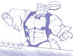  alcohol anthro bartender beverage bulge clothed clothing dragon english_text male monochrome muscular muscular_male pecs siriusdog solo standing text underwear 