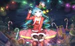  aqua_eyes aqua_hair bai_yemeng bell bell_collar boots candy candy_cane christmas collar food fur_boots gift hat hatsune_miku highres jingle_bell knee_boots long_hair md5_mismatch night pinky_out red_footwear santa_boots sitting skirt smile solo thighhighs top_hat twintails vocaloid 
