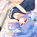  blue_hair breasts cleavage hair_ribbon i-19_(kantai_collection) kantai_collection large_breasts lying on_side one-piece_swimsuit red_eyes ribbon school_swimsuit solo swimsuit takanashi torpedo twintails 