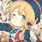  blonde_hair blue_eyes dice food grin hair_bobbles hair_ornament hat long_hair macaron one_eye_closed origami original paper_crane smile solo yamcha_(cocololi) 