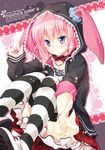  animal_hood bunny_hood cover cover_page doujin_cover highres looking_at_viewer mocha_(naturefour) original pink_hair plaid plaid_skirt pointing pointing_at_viewer purple_eyes short_hair sitting skirt solo striped striped_legwear 