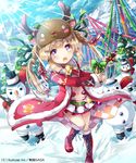  bell bell_choker black_footwear boots bow brown_eyes brown_hair choker christmas christmas_tree coat fur_trim green_bow gun handgun hat holding long_hair looking_at_viewer mount_fuji nave official_art open_mouth pirate_ship red_coat red_footwear red_scarf reindeer_hat scarf sengoku_saga skirt snow snowman twintails weapon white_skirt yamadori_ofuu 