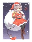  akagashi_hagane animal_ears black_legwear blush boots brown_footwear brown_gloves capelet christmas cross-laced_footwear eighth_note gift gloves grey_hair hat knee_boots lace-up_boots mouse mouse_ears musical_note nazrin pantyhose red_eyes sack santa_costume santa_hat short_hair smile snow snowing solo speech_bubble spoken_musical_note tail touhou 