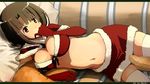  alternate_costume breasts brown_hair cleavage elbow_gloves gloves kantai_collection large_breasts letterboxed looking_at_viewer lying navel on_side red_eyes red_gloves santa_costume short_hair solo stomach takao_(kantai_collection) thighhighs white_legwear yunsuku 