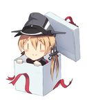  :&gt; blonde_hair blush_stickers box hat highres in_box in_container kantai_collection long_hair low_twintails metindone peaked_cap prinz_eugen_(kantai_collection) solo twintails |_| 