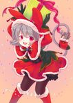  animal_ears black_legwear blush boots capelet christmas fur_boots gift gloves grey_hair hat iris_anemone mouse mouse_ears nazrin pantyhose red_capelet red_eyes red_footwear santa_boots santa_costume santa_hat short_hair smile solo tail touhou 