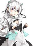 bra breasts chaika_trabant cleavage fingerless_gloves gloves hairband hitsugi_no_chaika lolita_hairband long_hair looking_at_viewer medium_breasts open_mouth rindou_(faker's_manual) silver_eyes silver_hair simple_background solo underwear white_background 