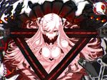  1girl abyssal_admiral_(kantai_collection) admiral_(kantai_collection) breasts cleavage downblouse dress giantess hair_between_eyes horns kantai_collection large_breasts long_hair looking_at_viewer midway_hime pale_skin serious shinkaisei-kan smile sw_(2311550438) upper_body veins white_dress white_hair yellow_eyes 